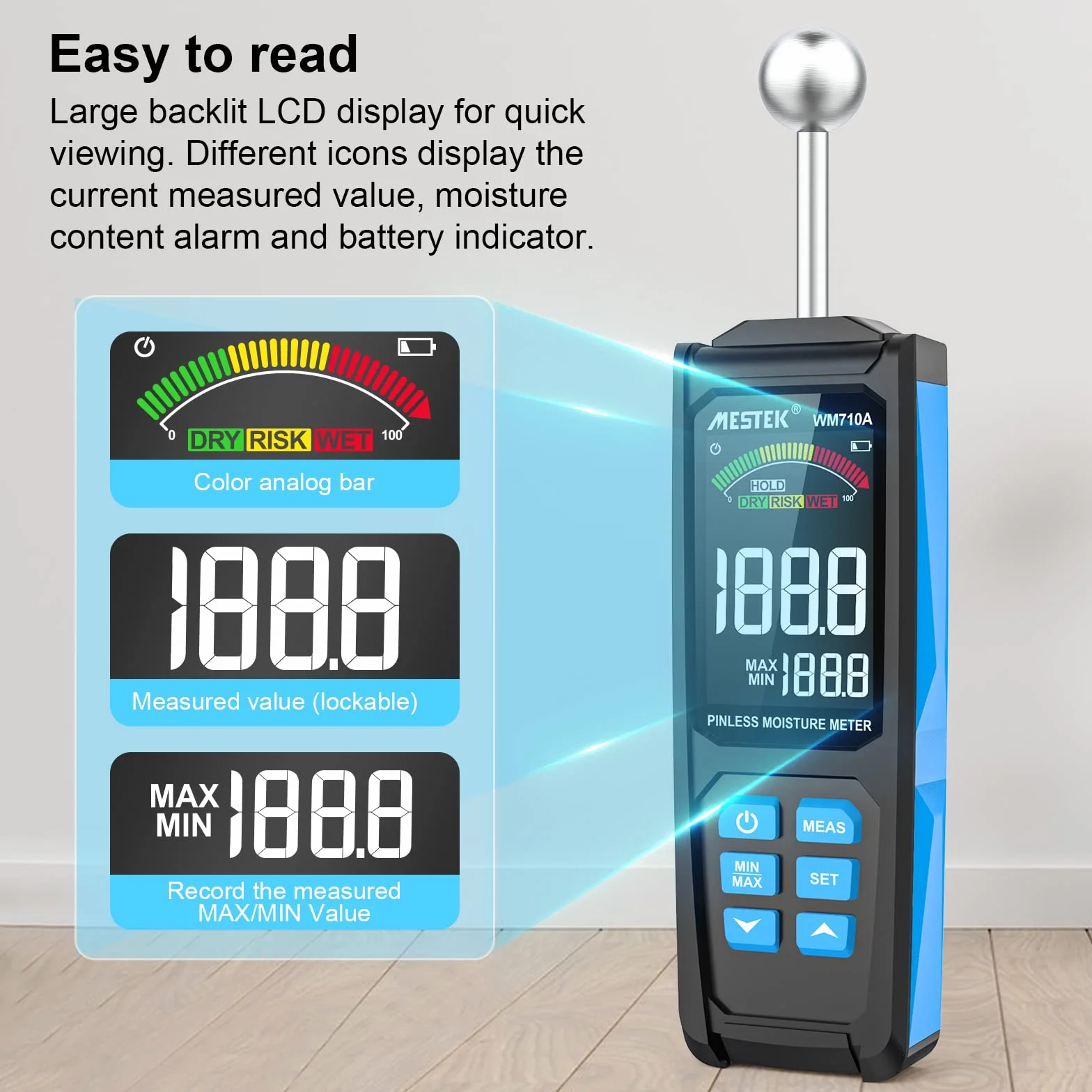 Detector Wilgotności MESTEK 20-40mm Wilgotnościomierz Czujnik Wilgotności Miernik wilgotności Cyfrowy Wyświetlacz LCD Alarm dźwiękowy Przenośny z Baterią do ścian Drewnianych Zaprawa Cementowa