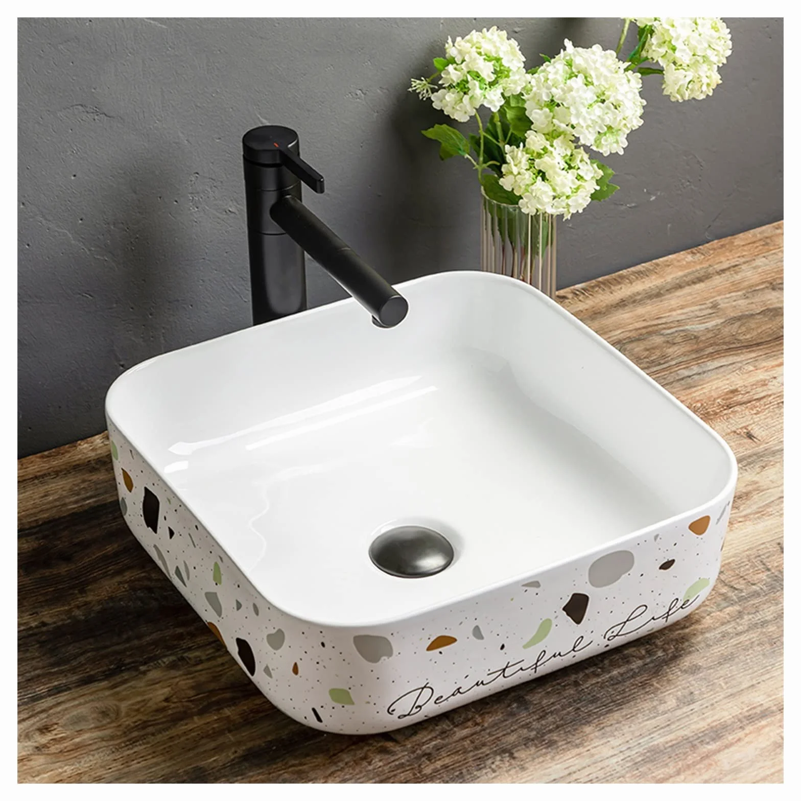 Umywalka łazienkowa Kwadratowy zlew 15,1 "X .1" Nowoczesna porcelana nad blatem Biała łazienka Ceramiczna umywalka z czarnym kranem i odpływem pop-up (bez przelewowego otworu) Blat
