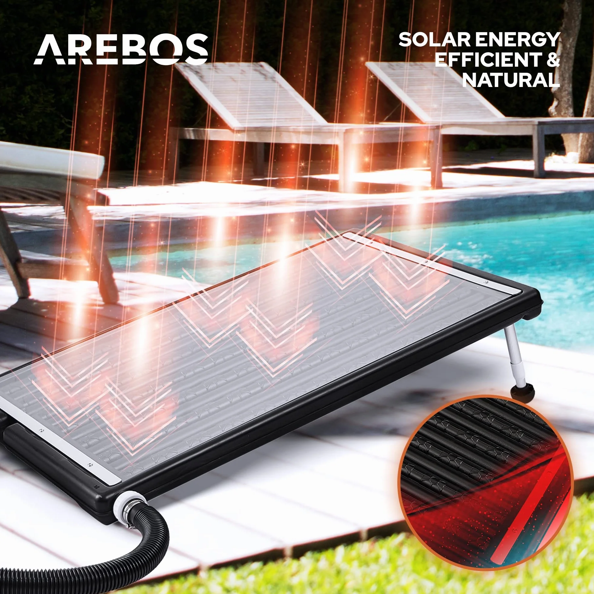 Arebos Słoneczny podgrzewacz basenu | 110 x 65 x 7,5 cm Słoneczny podgrzewacz basenu | pojemność do 15 litrów | przepływ do 10 000 L/h | przyłącze węża Ø 32/38 mm | materiały montażowe w zestawie