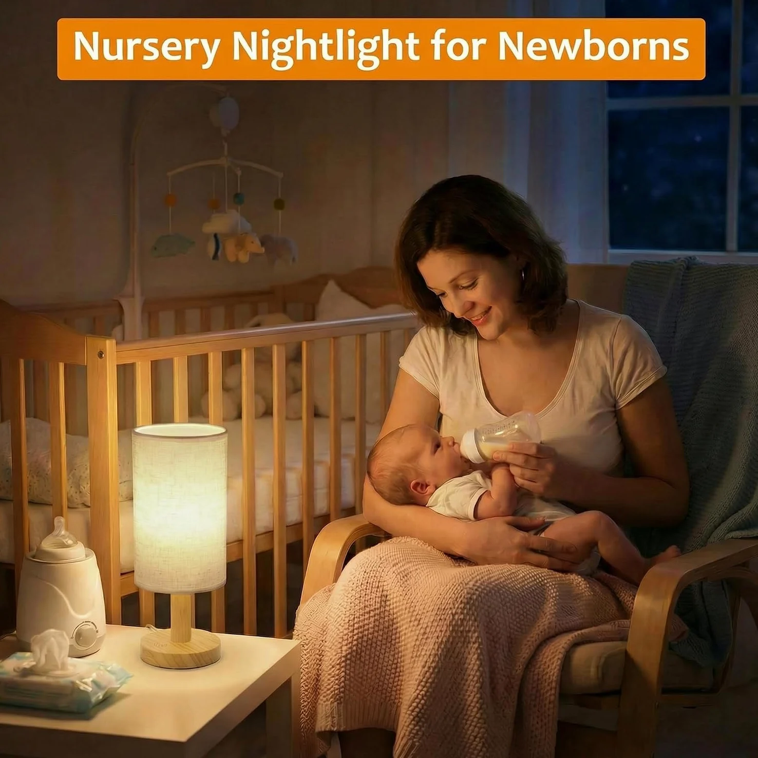 Dotykowa lampa na stolik nocny z zasilaniem USB, bezstopniowe ściemnianie, 2700 K, ciepła lampka nocna, minimalistyczna drewniana podstawa, lniany klosz, boho lampka nocna do sypialni, przedszkola