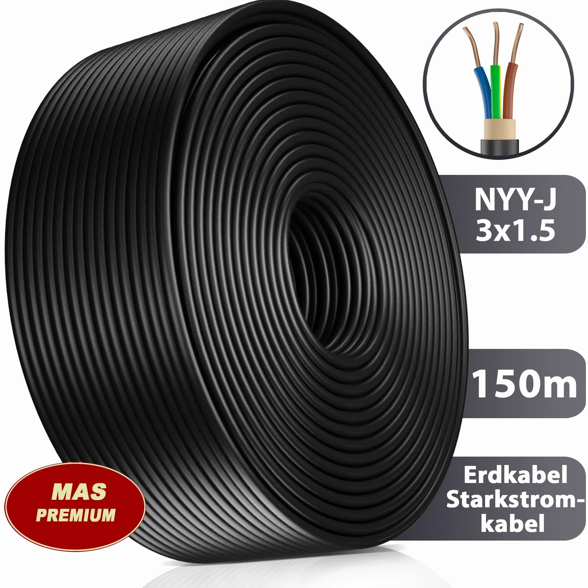 MAS Premium Kabel ziemny, kabel zasilający od 5 m do 170 m NYY-J 3 x 1,5 mm², kabel elektryczny zwój, do układania na wolnym powietrzu, w ziemi (150 m)