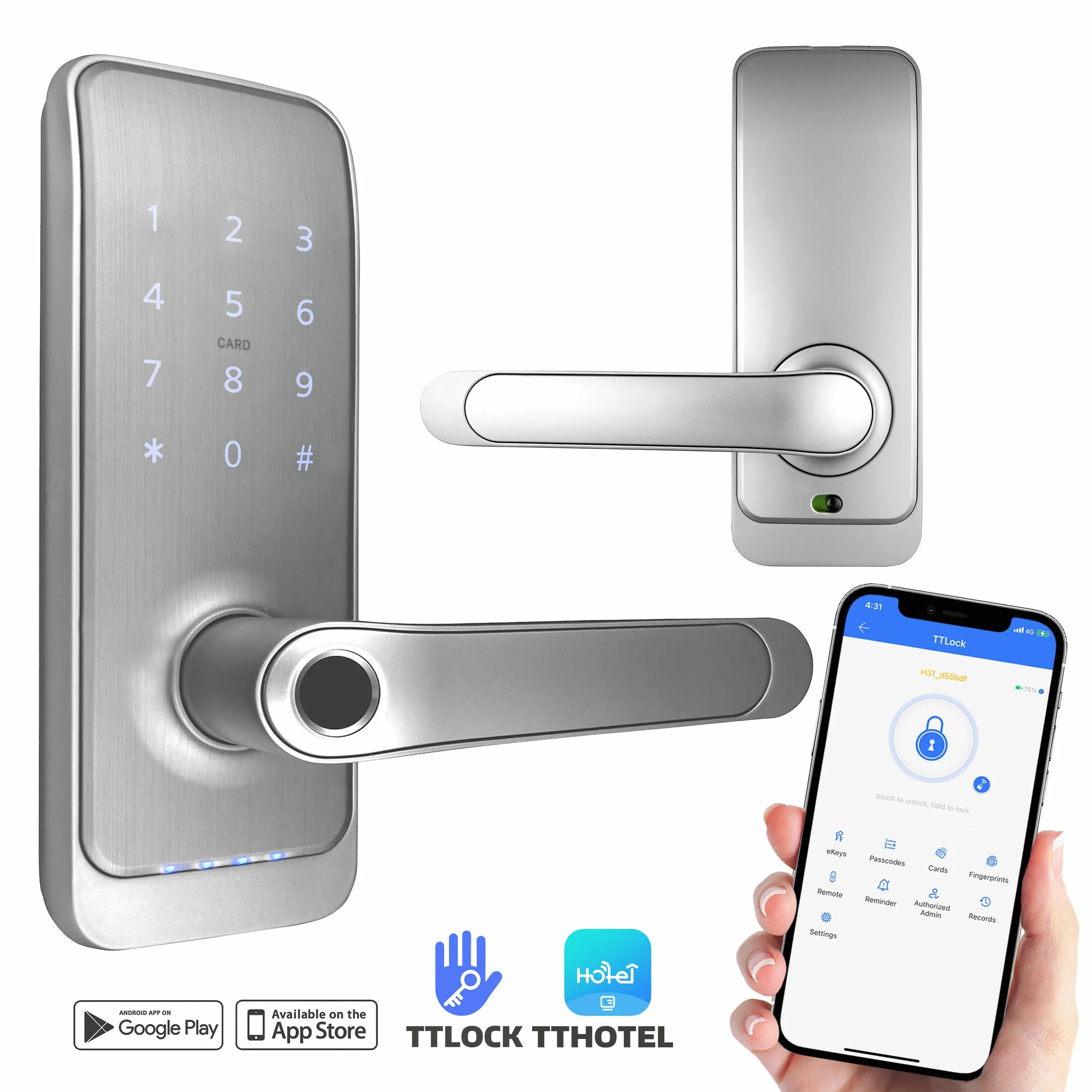 EURA ELH-01H4 inteligentny zamek do drzwi z uchwytem, zamek kodowy, czytnik zbliżeniowy 13,56 MHz, czytnik biometryczny, aplikacja TTLock/TTHotel, IP65, uniwersalny odstęp rygli, biały