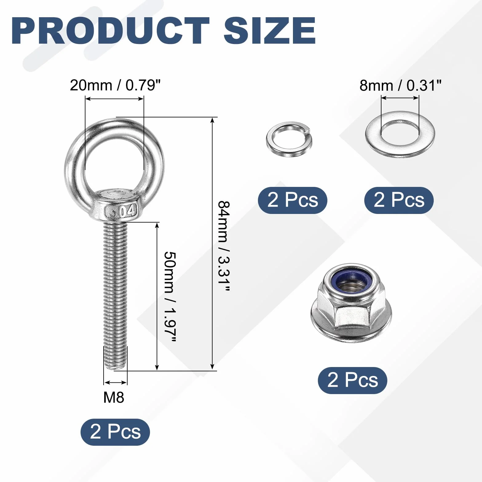 PATIKIL Śruba oczkowa M8 X 50 mm z ramieniem, 2 sztuki 304 pierścień podnoszący ze stali nierdzewnej śruba z gwintem oczkowym z nakrętkami kołnierzowymi blokującymi i blokującymi