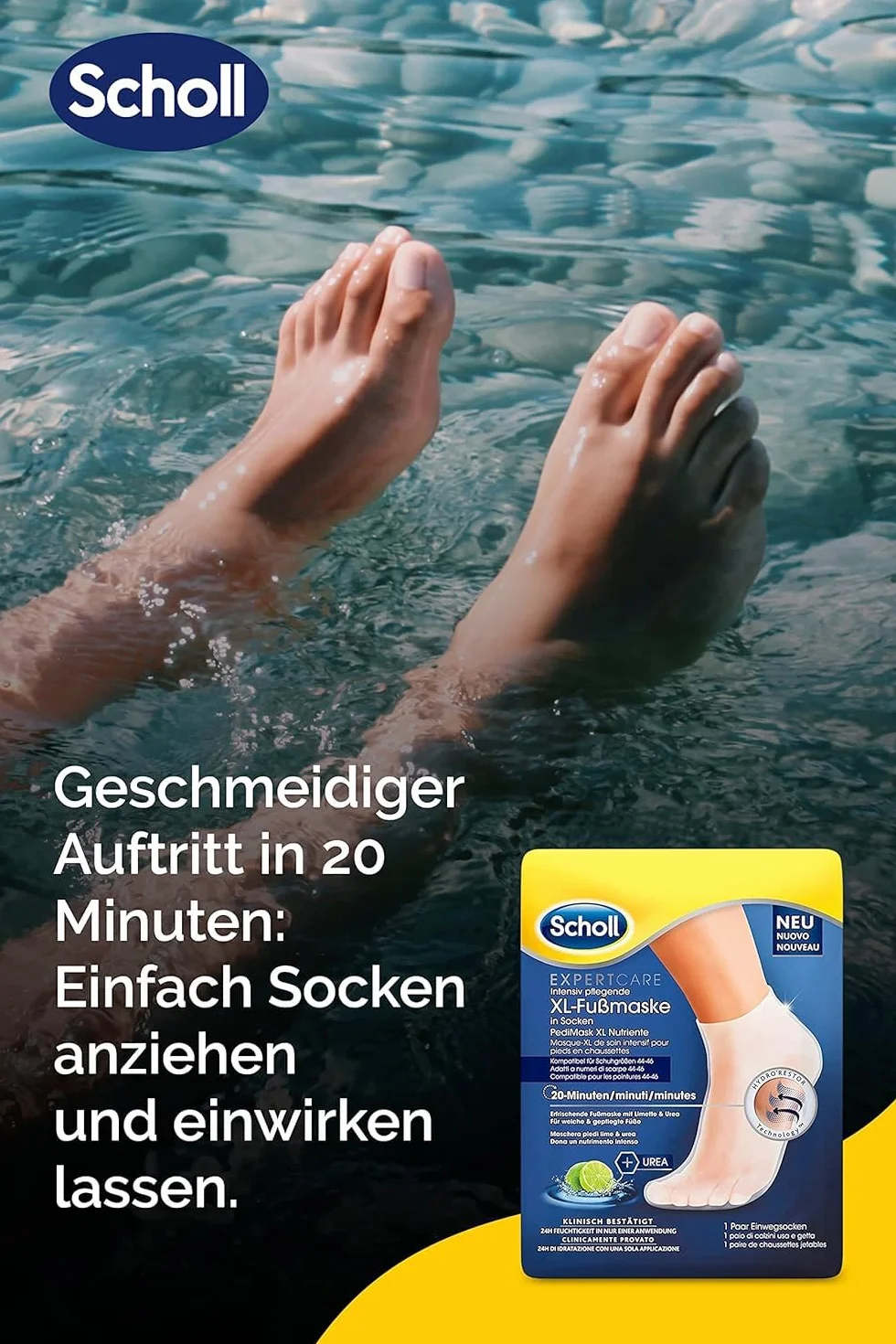 Scholl EC intensywnie pielęgnująca maska do stóp LimetteundUrea Bundle – nawilżająca pielęgnacja – 6 x 1 para jednorazowych skarpet.