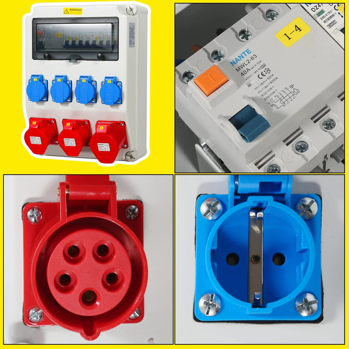 Rozdzielacz ścienny 1 x 32 A 2 x 16 A 4 x 230 V z LS+FI, rozdzielacz prądu z wyłącznikiem nadprądowym, rozdzielacz prądu budowlanego z gniazdem Schuko, 5-biegunowa skrzynka budowlana do