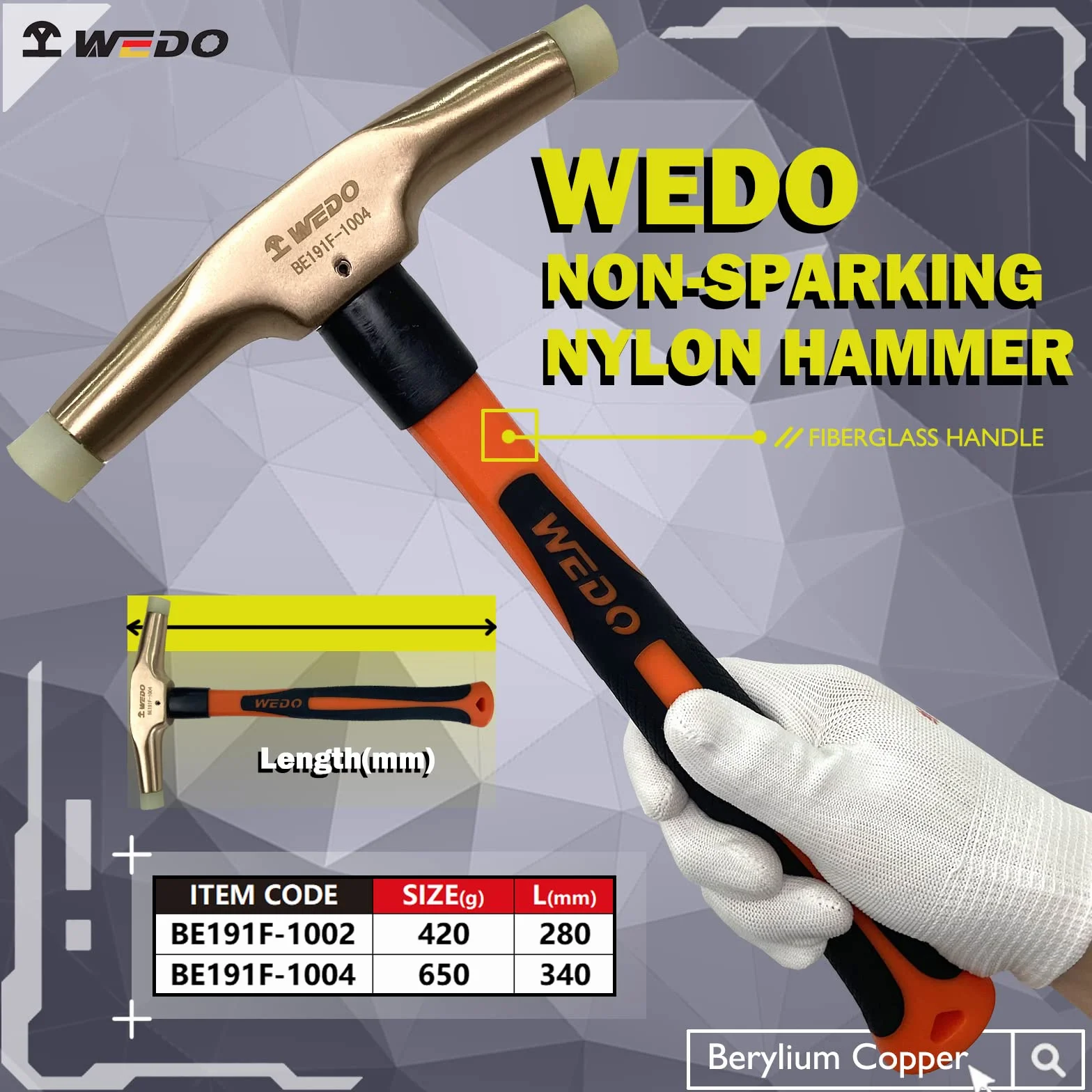 WEDO Młotek z nylonową końcówką, młotek nieparkingowy, miedź berylowa, głowa, 420 g, długość 280 mm, młotek tapicerski, uchwyt z włókna szklanego, certyfikat BAM