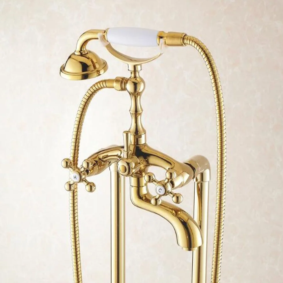 Bateria stojąca łazienkowa Golden Floor, typ telefonu, bateria wannowo-prysznicowa, zestaw prysznicowy mosiężny, luksusowy kran do wanny (Wheel Type)