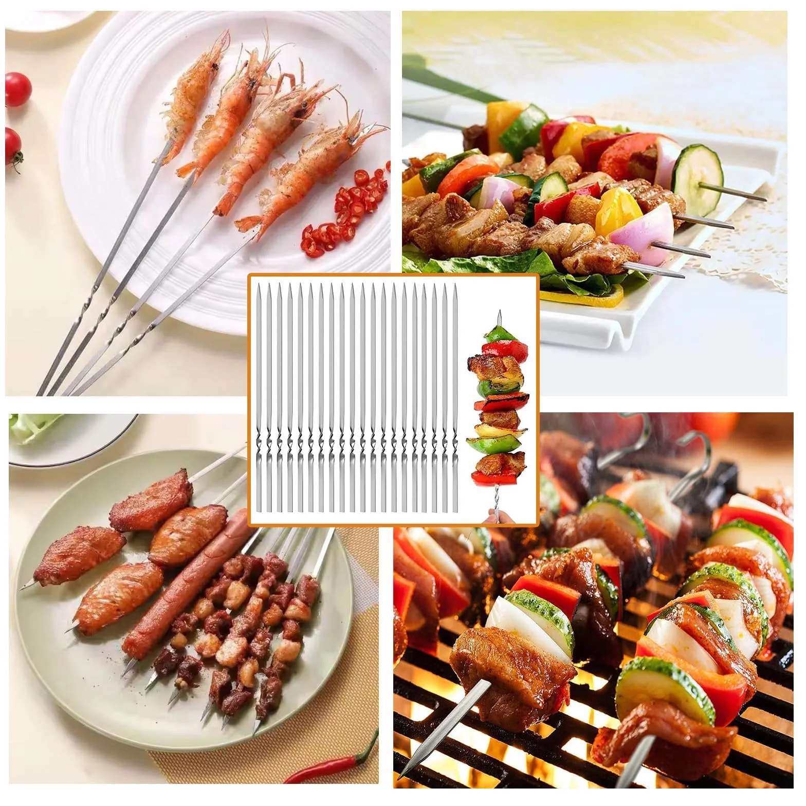 50 sztuk nierdzewnych płaskich szpikulców do grillowania, 30 cm długości, zestaw do grilla mięsa, szaszłyków i warzyw