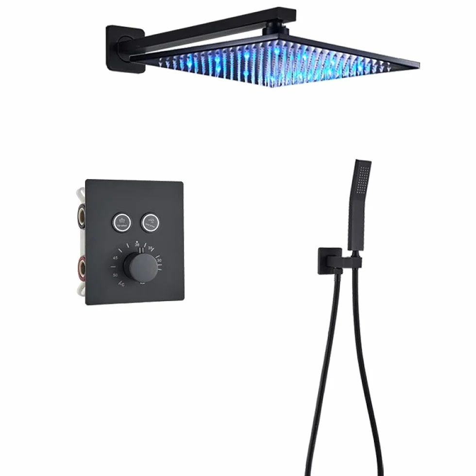 Luksusowa czarna bateria prysznicowa termostatyczna do łazienki deszczownica bateria ścienna do wanny zestaw prysznicowy ścienny B 3W 12" sufitowy,2-drożny 16-calowy