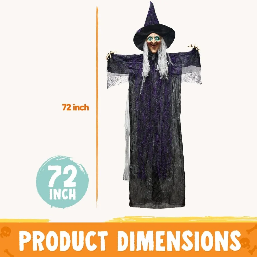 JOYIN Dekoracje na Halloween 183 cm do wnętrz wisząca gadająca czarownica wystrój, świecący duch z fioletowymi oczami aktywacja dźwiękiem nawiedzony dom artykuły imprezowe rekwizyt