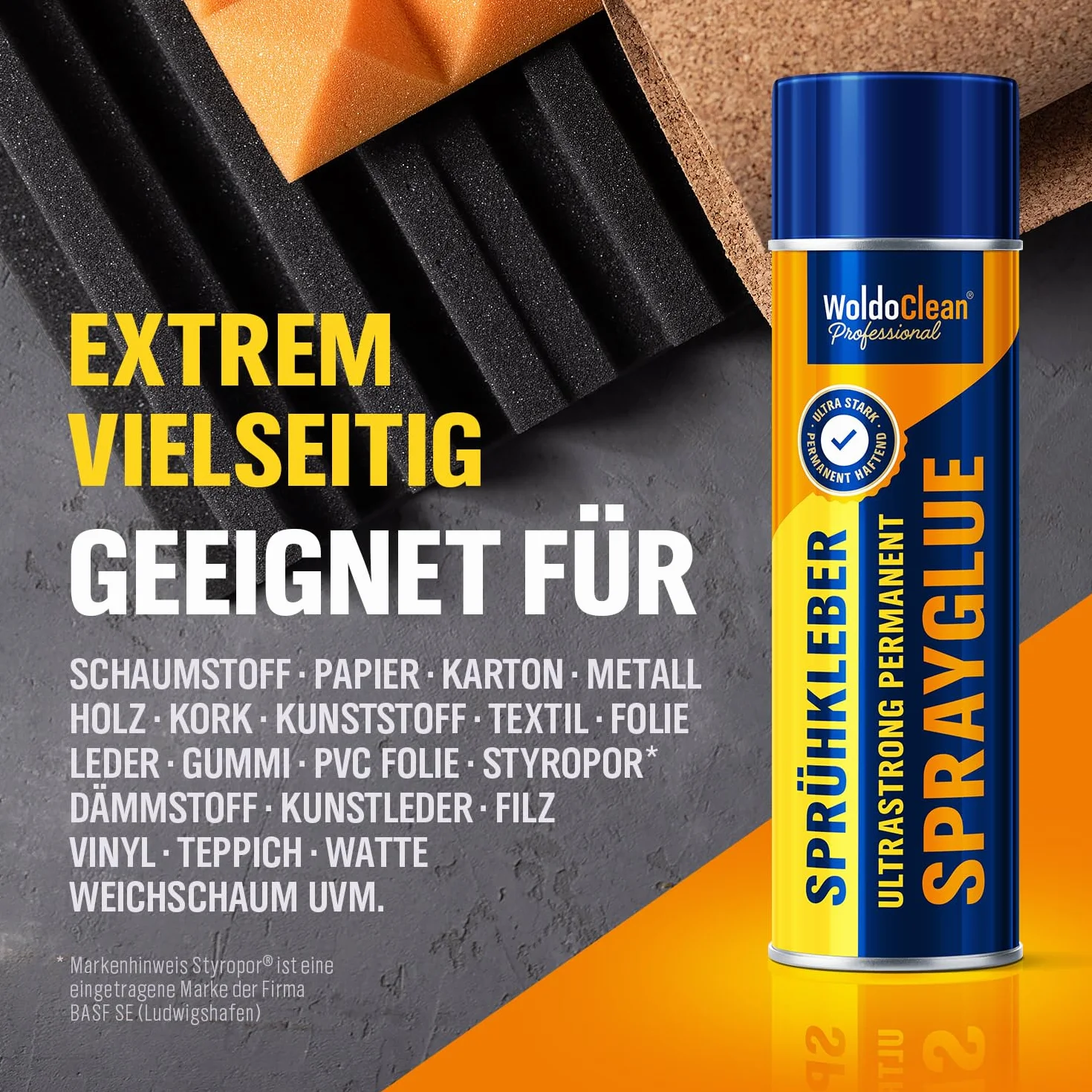 WoldoClean Klej w Sprayu do Tapicerki Sufitowej & Pianki - 500ml Spray Klejący Ekstra Mocny, Odporny na Ciepło & Transparentny, Szybkoschnący, Idealny do Tkanin, Filcu, Skóry & Tapicerki