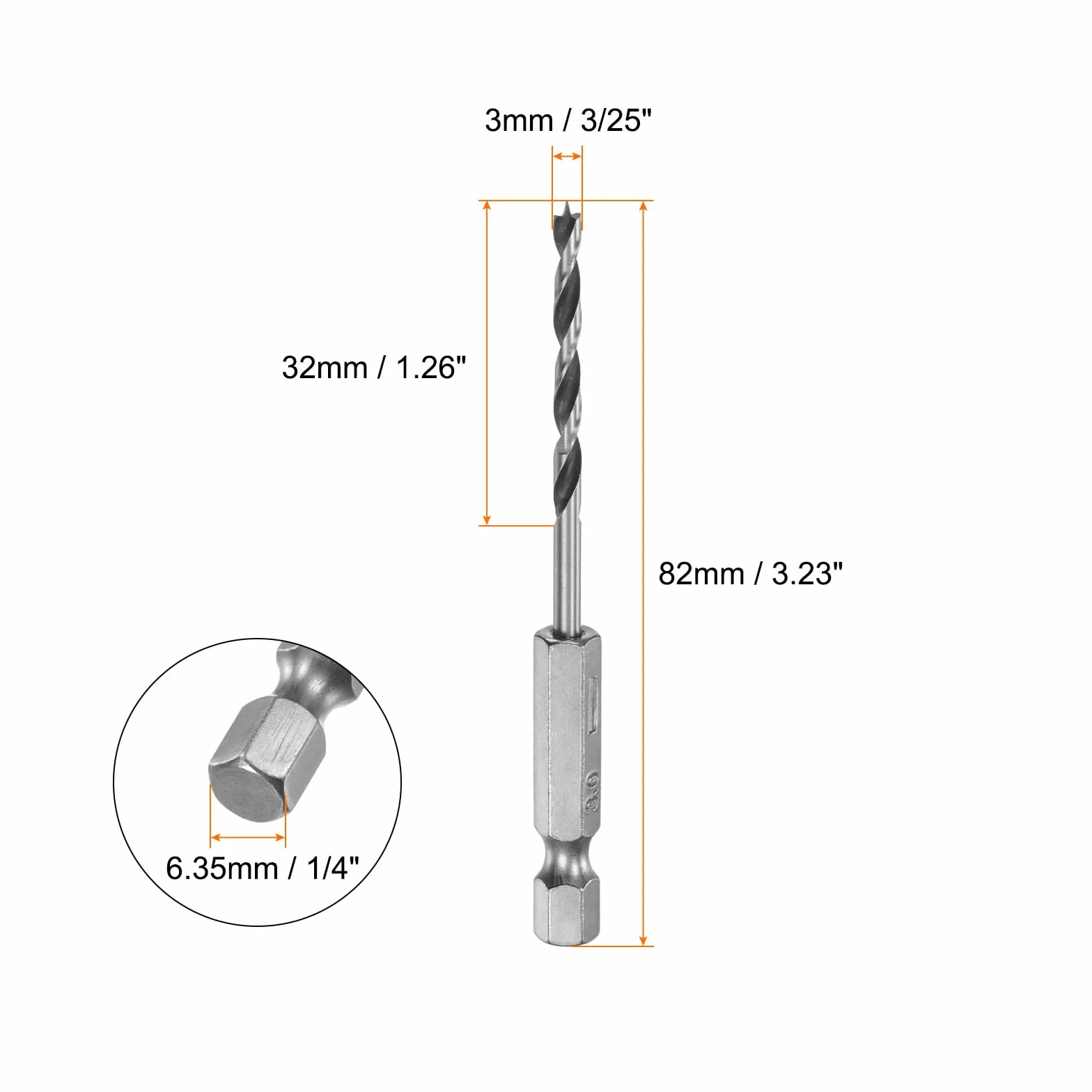 QUARKZMAN 5 szt. wiertła Brad Point 3 mm (3/25") łożysko stalowe 1/4" sześciokątne wiertła do drewna długość robocza 1,26" spiralne narzędzie do wiercenia w drewnie