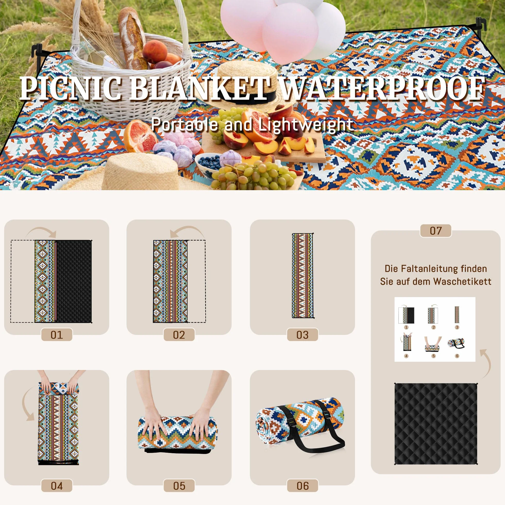 Gucass Boho Koc piknikowy 200x200 cm, Składany Mata Piknikowa - wodoodporny, piaskoodporny, koc outdoorowy dla całej rodziny na na kemping, podróż, do parku, na plażę, do ogrodu