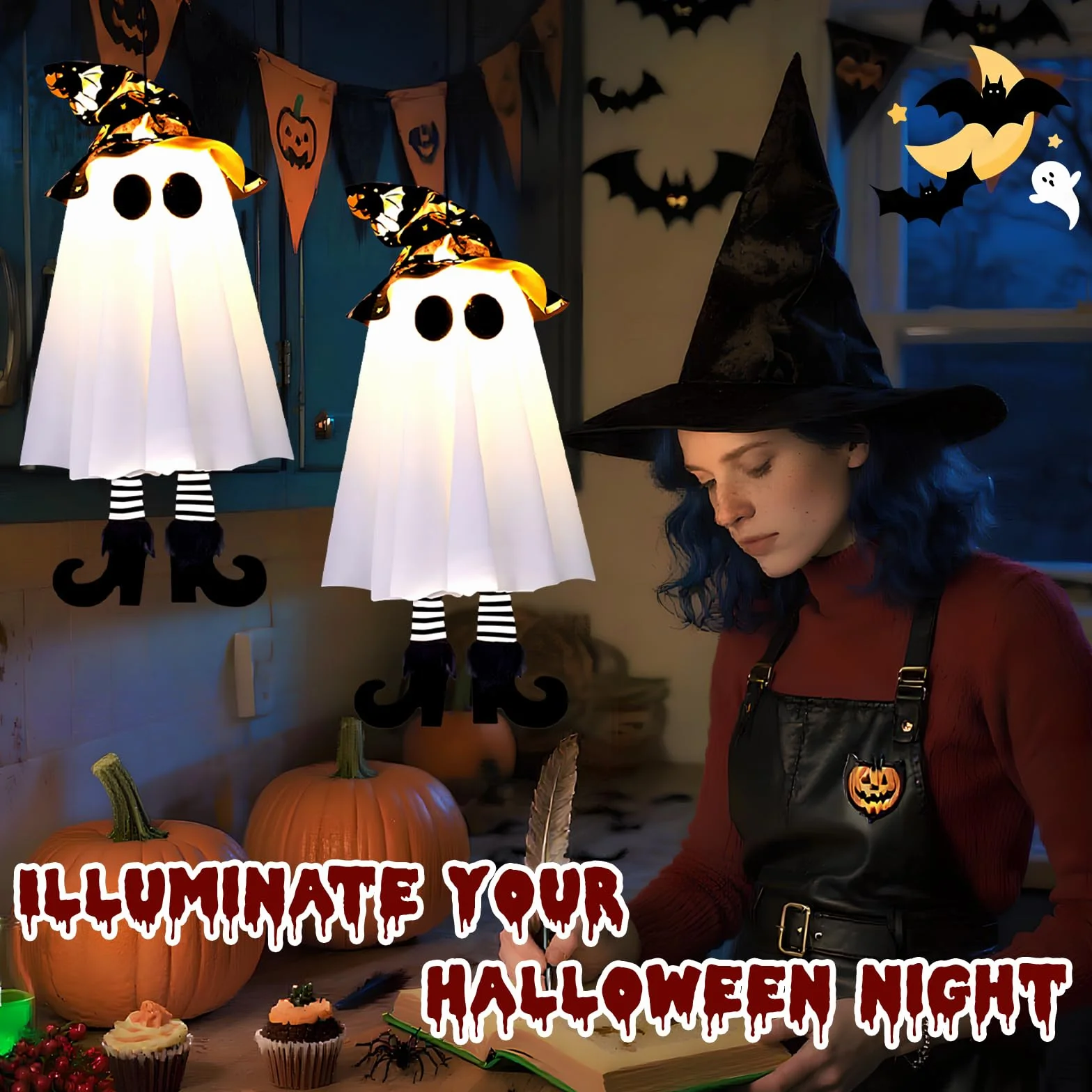 ZoneYan Zestaw 2 duchów Halloween wiszące dekoracje biały czarny