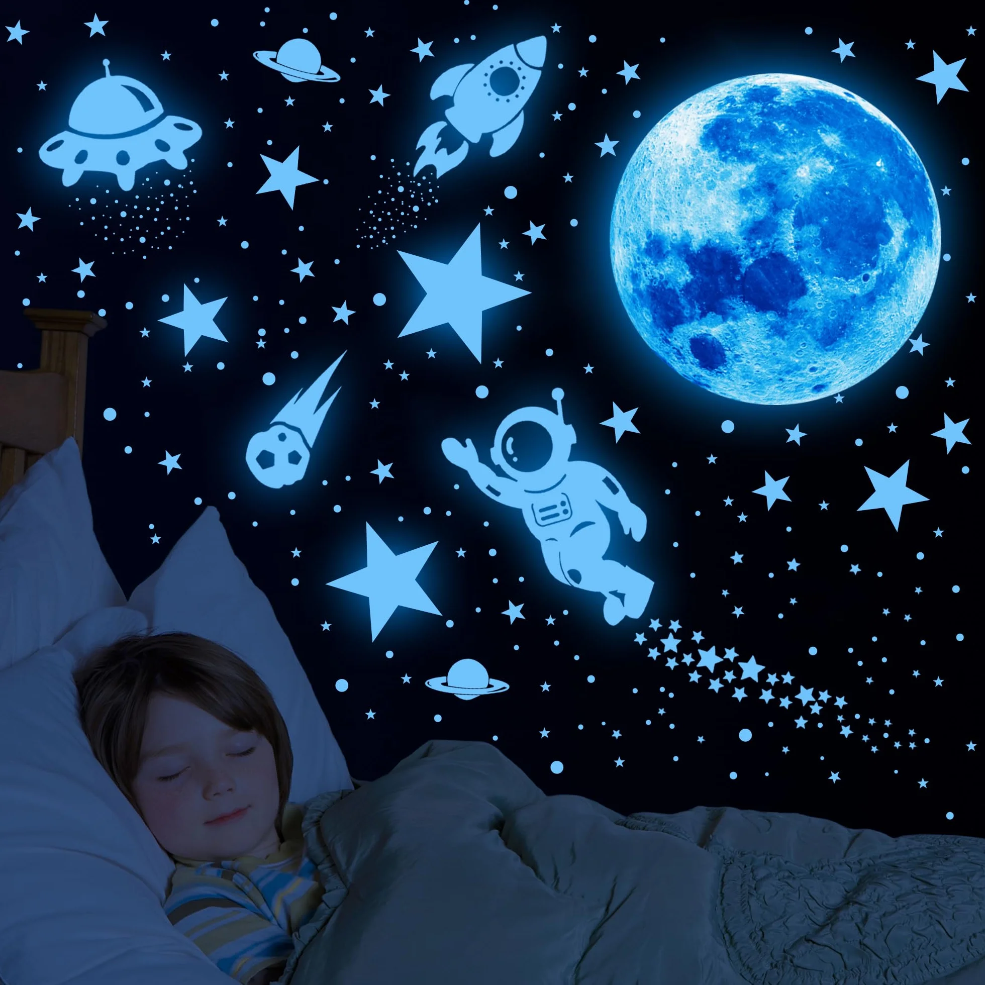 Naklejki ścienne świecące w ciemności gwiazdy i planeta, galaktyka, astronauta, rakieta, statek kosmiczny, dekoracja kosmitów, naklejki ścienne planety, jasne naklejki ścienne dla dzieci, planety,