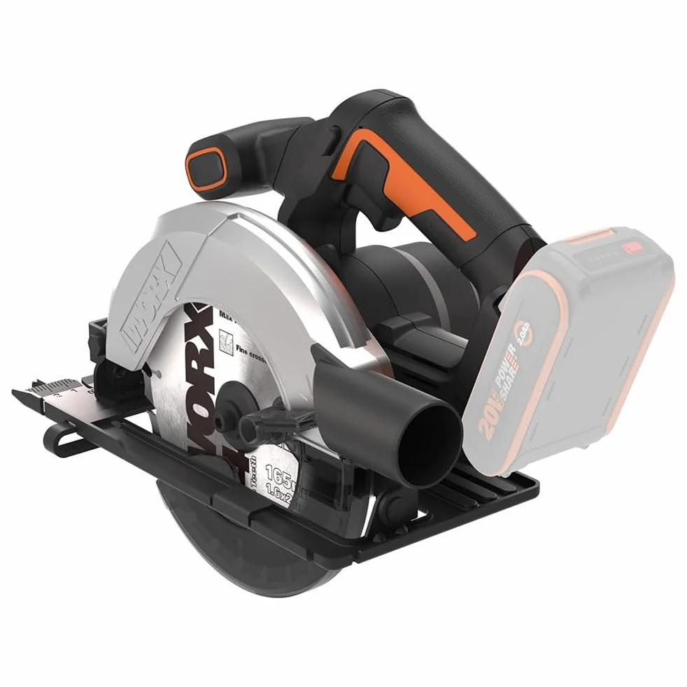WORX WX526.9 akumulatorowa piła tarczowa 20 V – brzeszczot 65 mm – kąt nachylenia 0-50° bez użycia narzędzi – maks. cięcie 55 mm (90°) – kompaktowa konstrukcja – adapter odsysający – bez akumulatora i