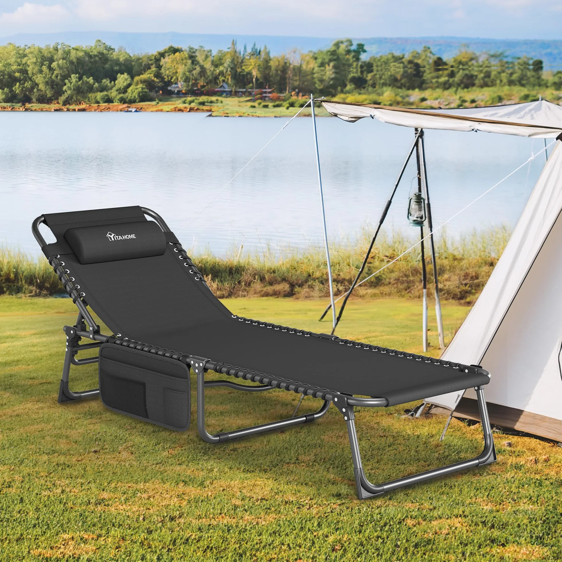 YITAHOME Leżak składany 190x60x31 cm 4 pozycje regulowane obciążenie 190 kg czarny