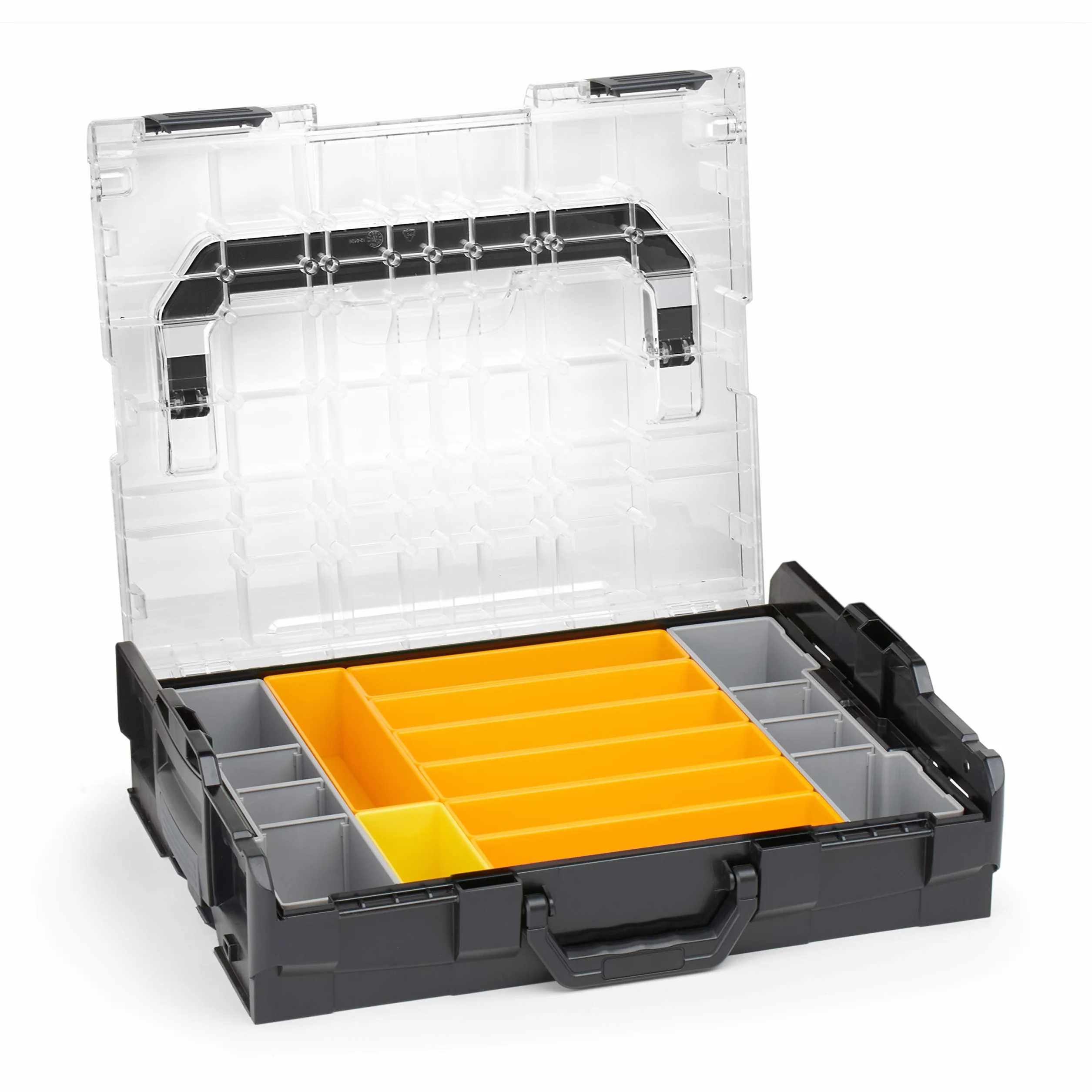 Sortimo Bosch L-BOXX 102 walizka narzędziowa z tworzywa sztucznego, czarna, pokrywka, z zestawem pudełek do sortowania małych części, idealny system przechowywania śrub