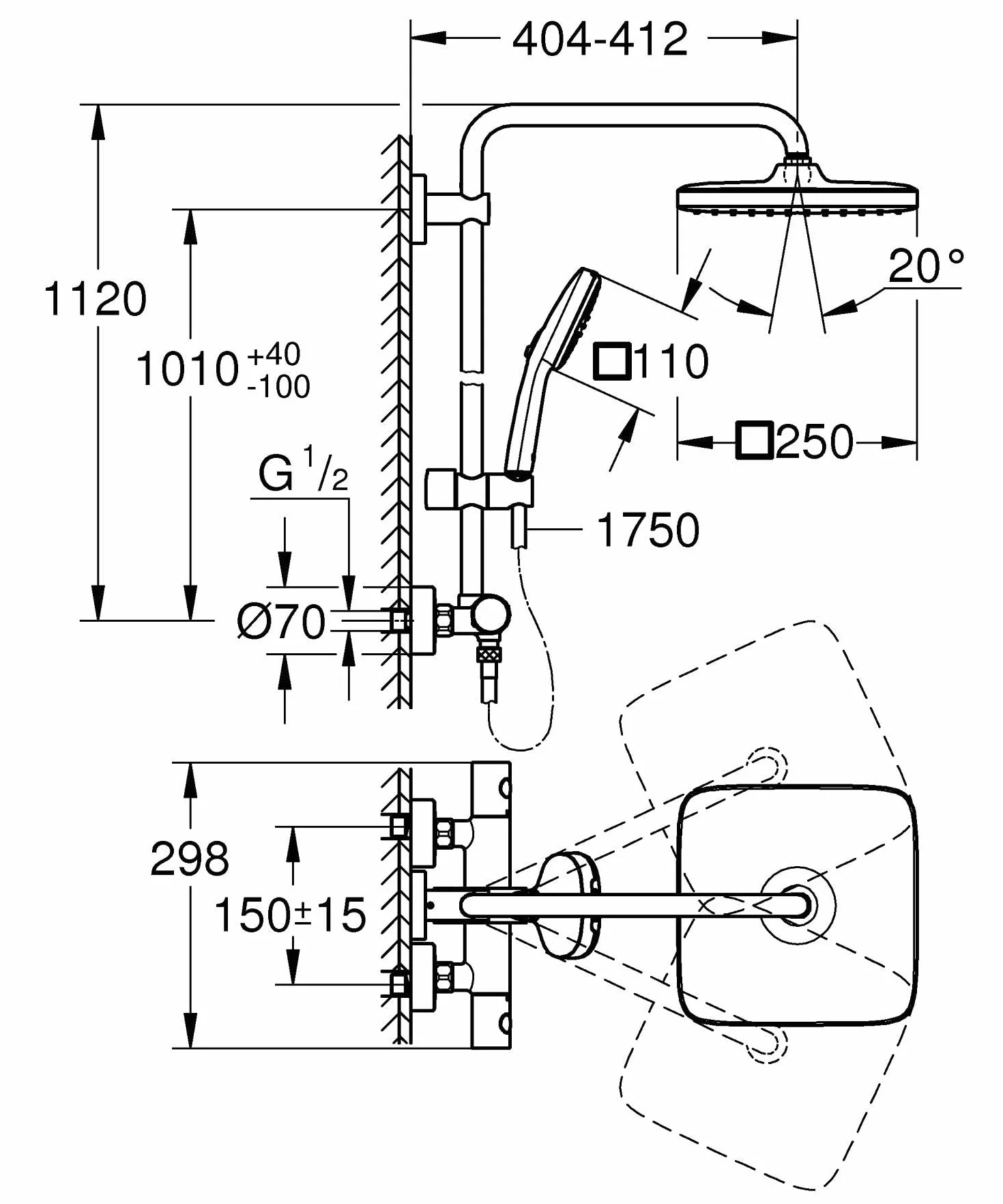 Grohe GROHE Vitalio Comfort 250 Kolumna prysznicowa z termostatycznym akumulatorem, prysznic z kwadratową głowicą 25 cm, 1 strumień, kwadratowy prysznic 11 cm 2 strumienie, elastyczny 1,75 m, oszczędność