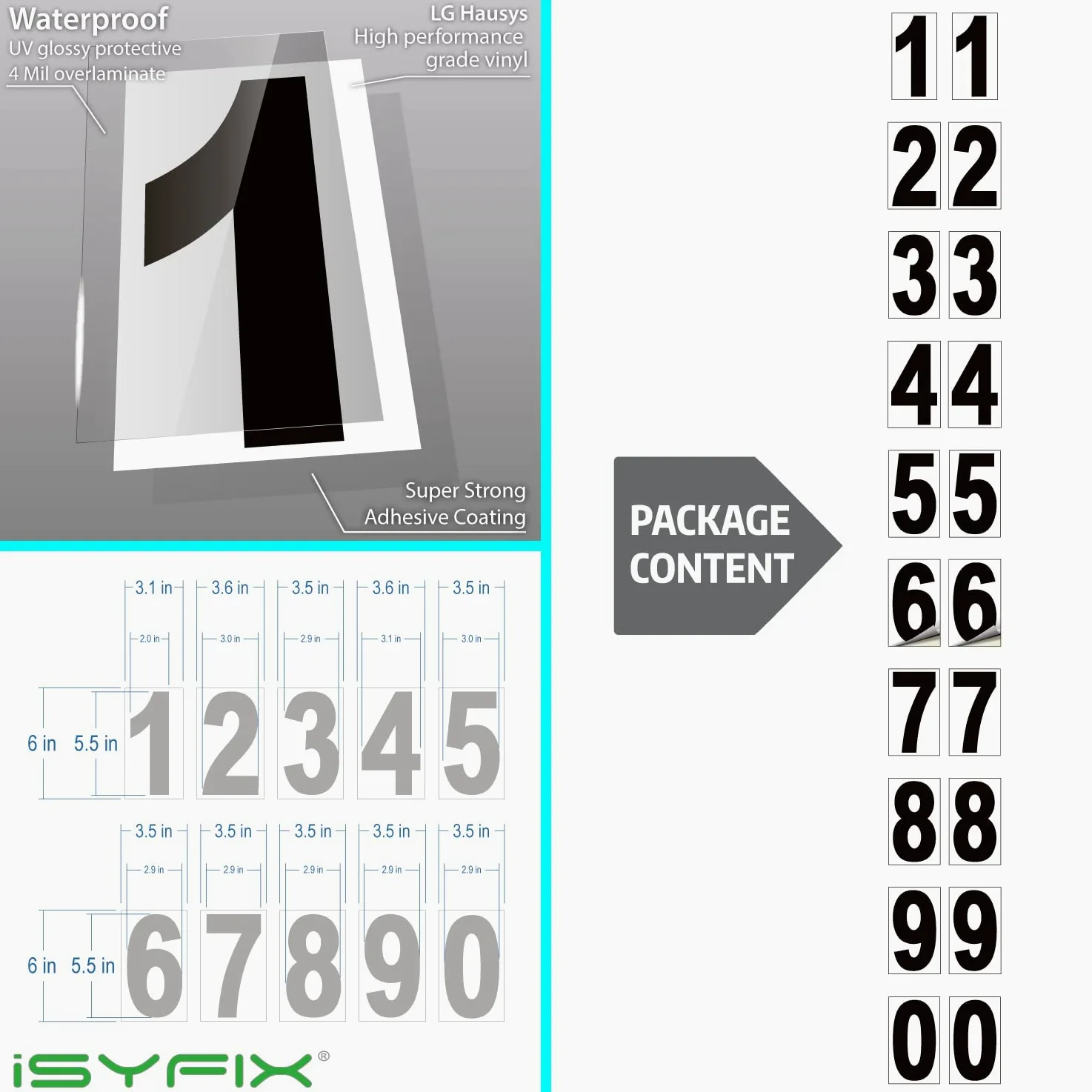 iSYFIX Czarne winylowe naklejki z cyframi - 15 cm samoprzylepne - 2 zestawy - kalkomania premium z białym tłem na skrzynkę pocztową, znaki, okna, drzwi, samochody, ciężarówki, dom, firmę, adres