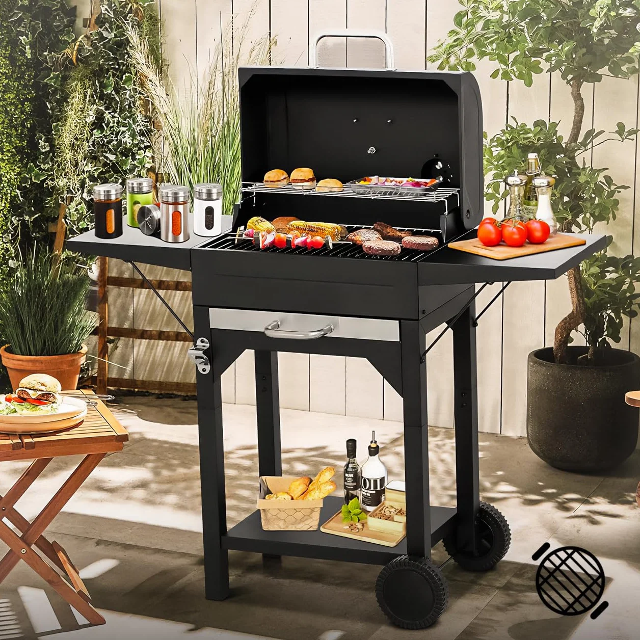 MalTec grill na węgiel drzewny ogrodowy z pokrywą komina, powierzchnia grillowania, termometr Chimney BBQ, wysuwana popielniczka