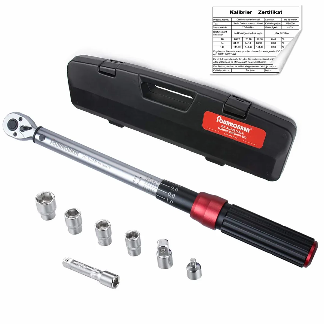 Klucz dynamometryczny 3/8" do roweru i samochodu, 20-140 NM, 90-zębowy klucz dynamometryczny kalibrowany 3/8, z adapterem 1/4 1/2 i drążkiem przedłużającym, dokładność ± 3%