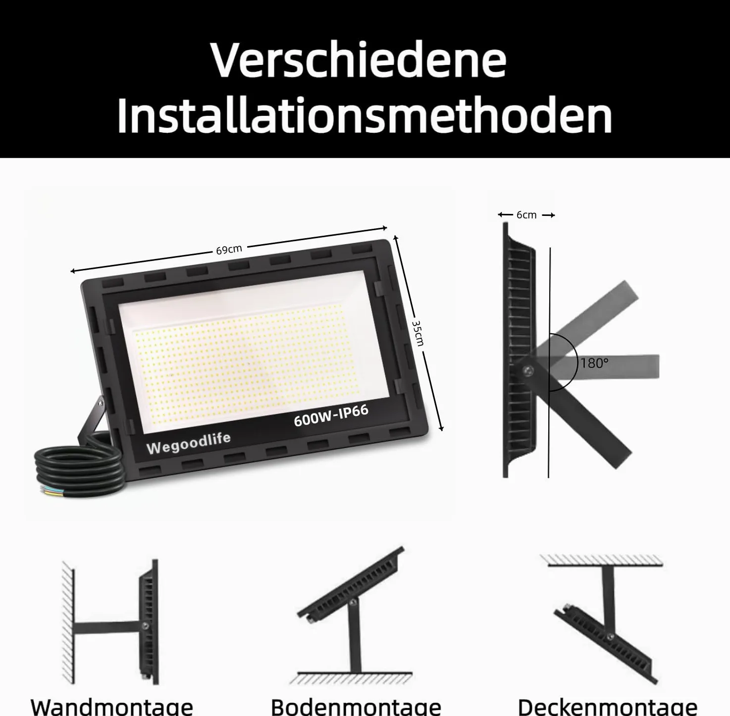 Reflektor LED 600 W, bardzo jasny, 60000 lm, 6500 K, zimna biel, IP66, wodoszczelny reflektor LED, kabel 50 cm, bez wtyczki, lampa zewnętrzna do ogrodu, na podwórko, korytarz