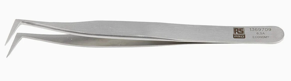 RS PRO 6. SA pęseta ze stali nierdzewnej, 115 mm zagięta, końcówka płaska, antymagnetyczna