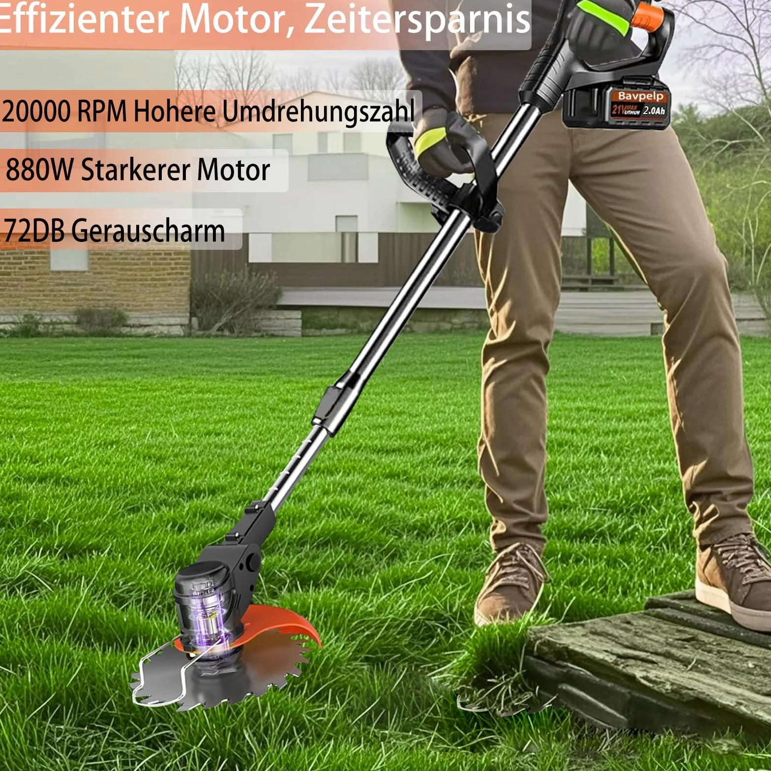Podkaszarka do trawy z akumulatorem, 3 w 1, akumulatorowa podkaszarka do trawy z akumulatorem 2 × 2,0 Ah, 3 rodzaje ostrzy tnących, regulowany uchwyt, głowica obracana o 90°, do ogrodu/trawnika/domu