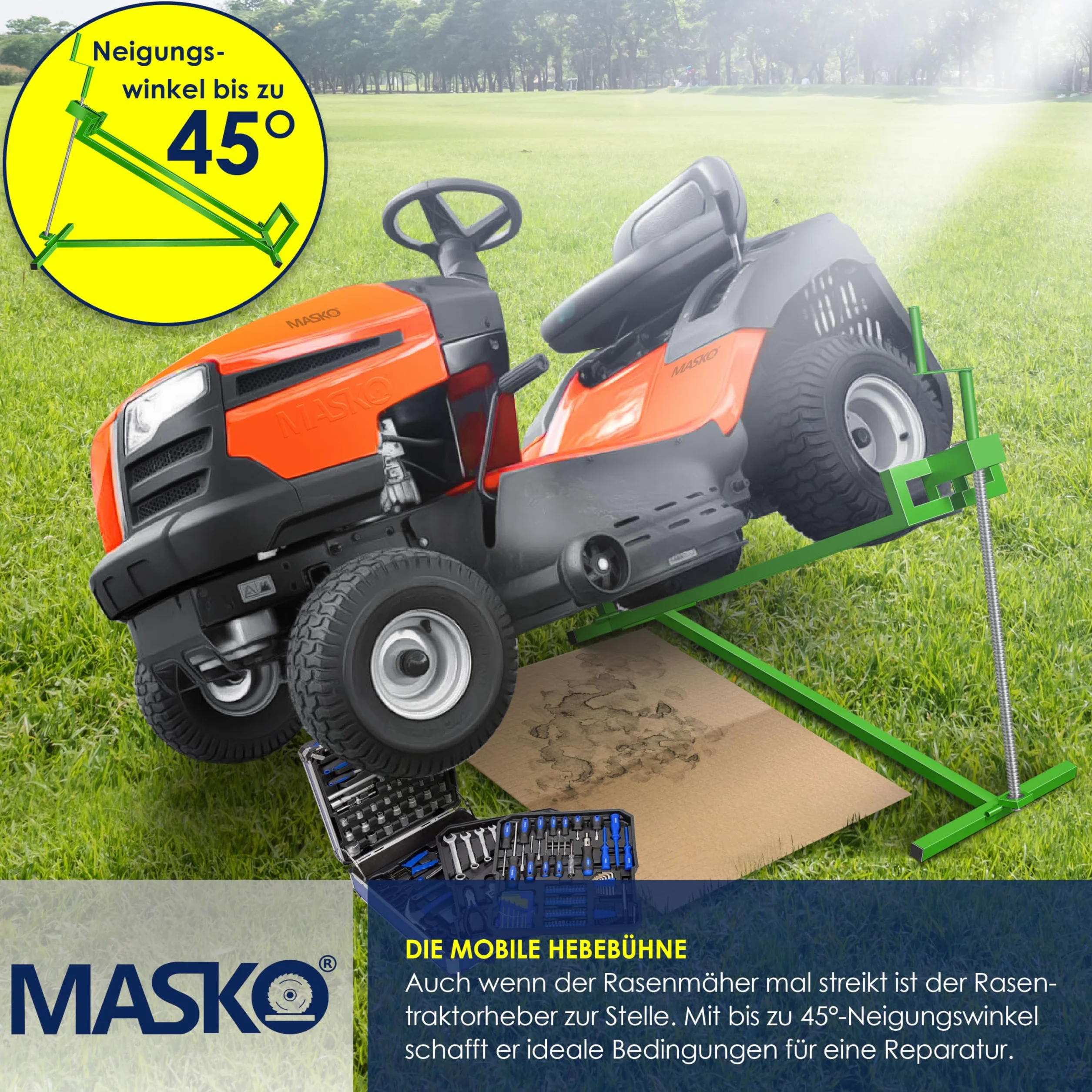 MASKO® Podnośnik do traktora ogrodowego XXL, 450 kg, podnośnik do kosiarki, uniwersalny podnośnik do traktora, regulowany kąt nachylenia 45°, w zestawie rękawice robocze i szczotka, zielony