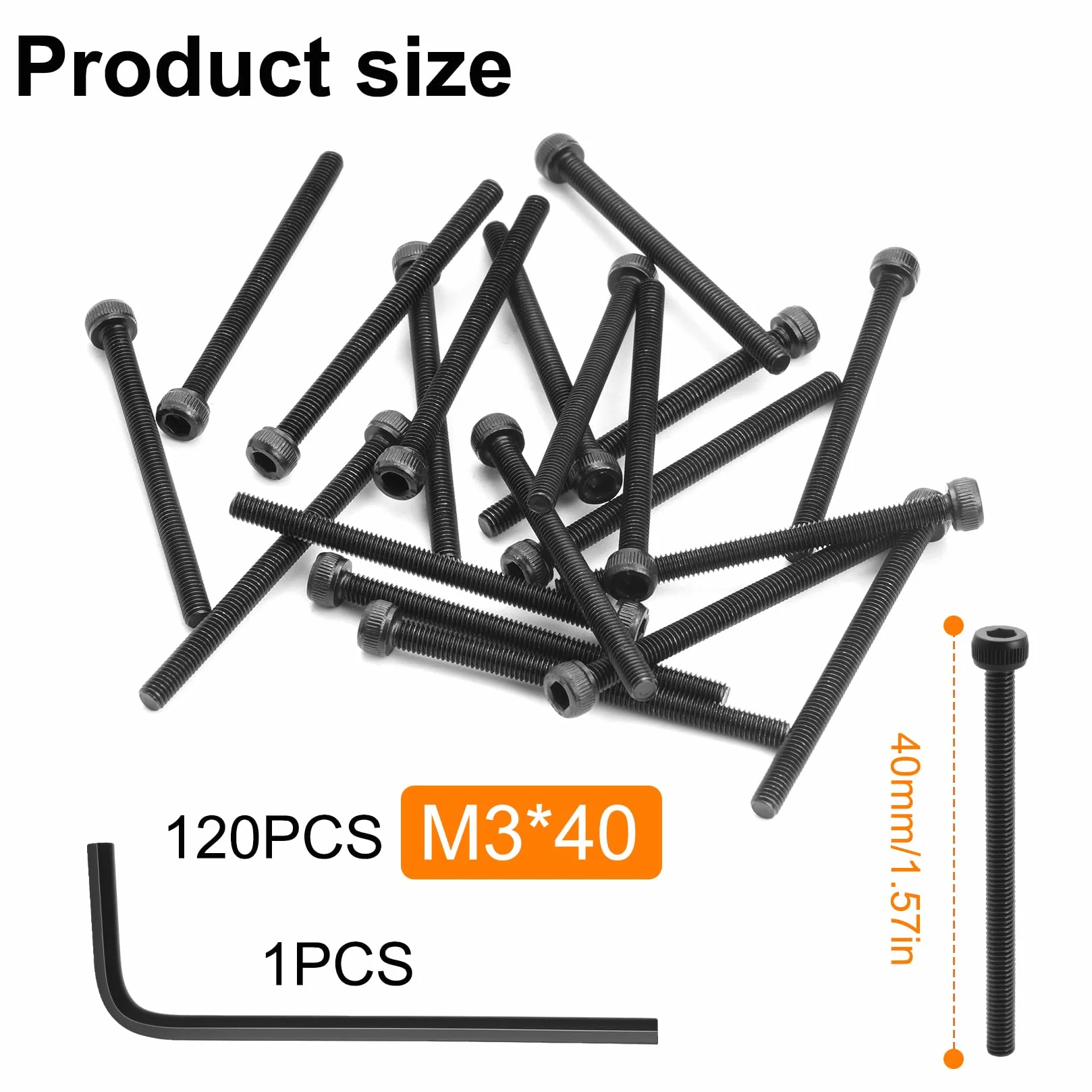Zestaw 120 sztuk śrub M3, M3 x 40 mm, śruby cylindryczne z gniazdem sześciokątnym, śruby z łbem cylindrycznym, pełny gwint, czarne śruby imbusowe, z kluczem