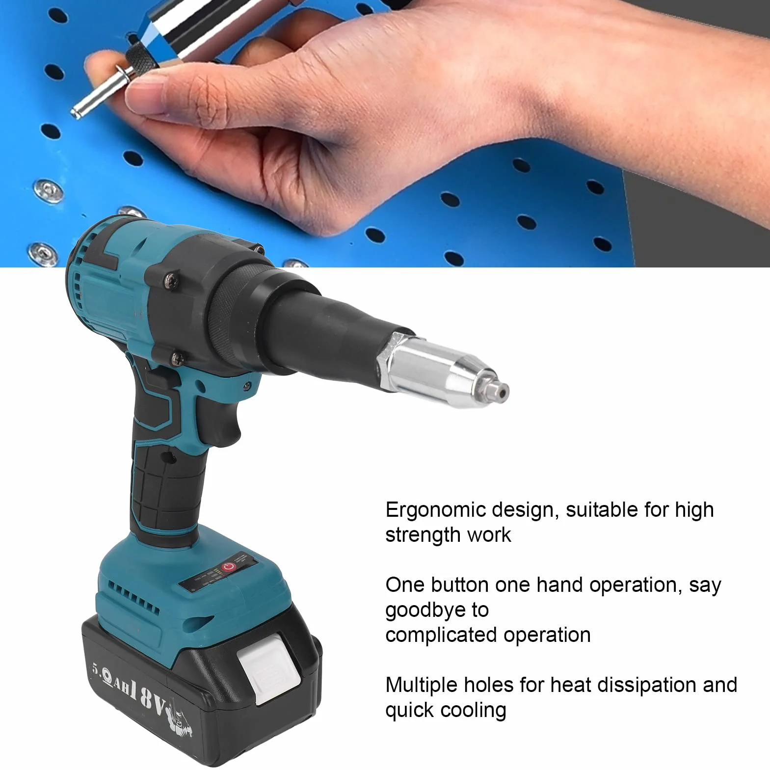 Akumulatorowy Pistolet do Nitów 18V, Elektryczny Nitownica Bezszczotkowa LED Adapter do Wiertarki do Nakrętek Automatyczny Rivet Nut Hand Tool dla Przemysłu Indywidualnej Dekoracji