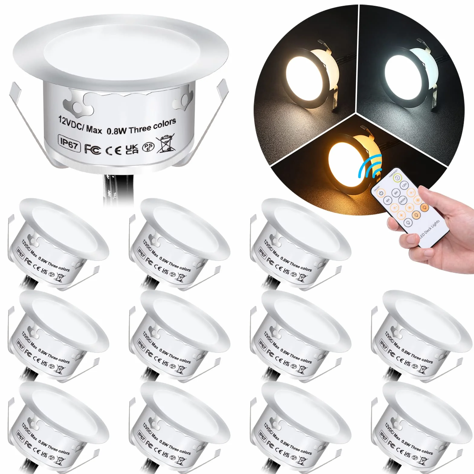 Oświetlenie tarasowe, zestaw 12 reflektorów do zabudowy z pilotem zdalnego sterowania, możliwość ściemniania, IP67, wodoszczelne, 0,8 W, Ø 42 mm, do ogrodu, chodnika, schodów