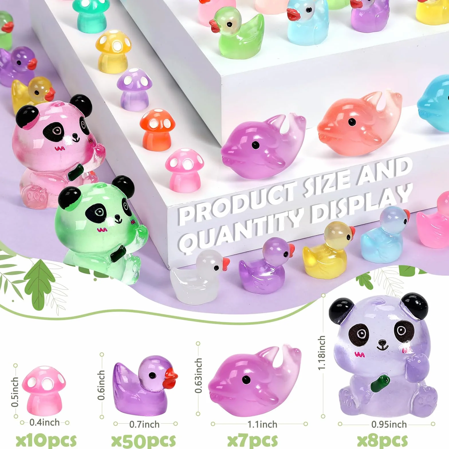 Nayyana 75 sztuk świecących mini kaczek z żywicy, świecące w ciemności, kaczka, panda, delfin, grzyb, 4 zestawy kombinacyjne do ogrodu, mikro-krajobrazu, akwarium, doniczki, dekoracja domku dla lalek
