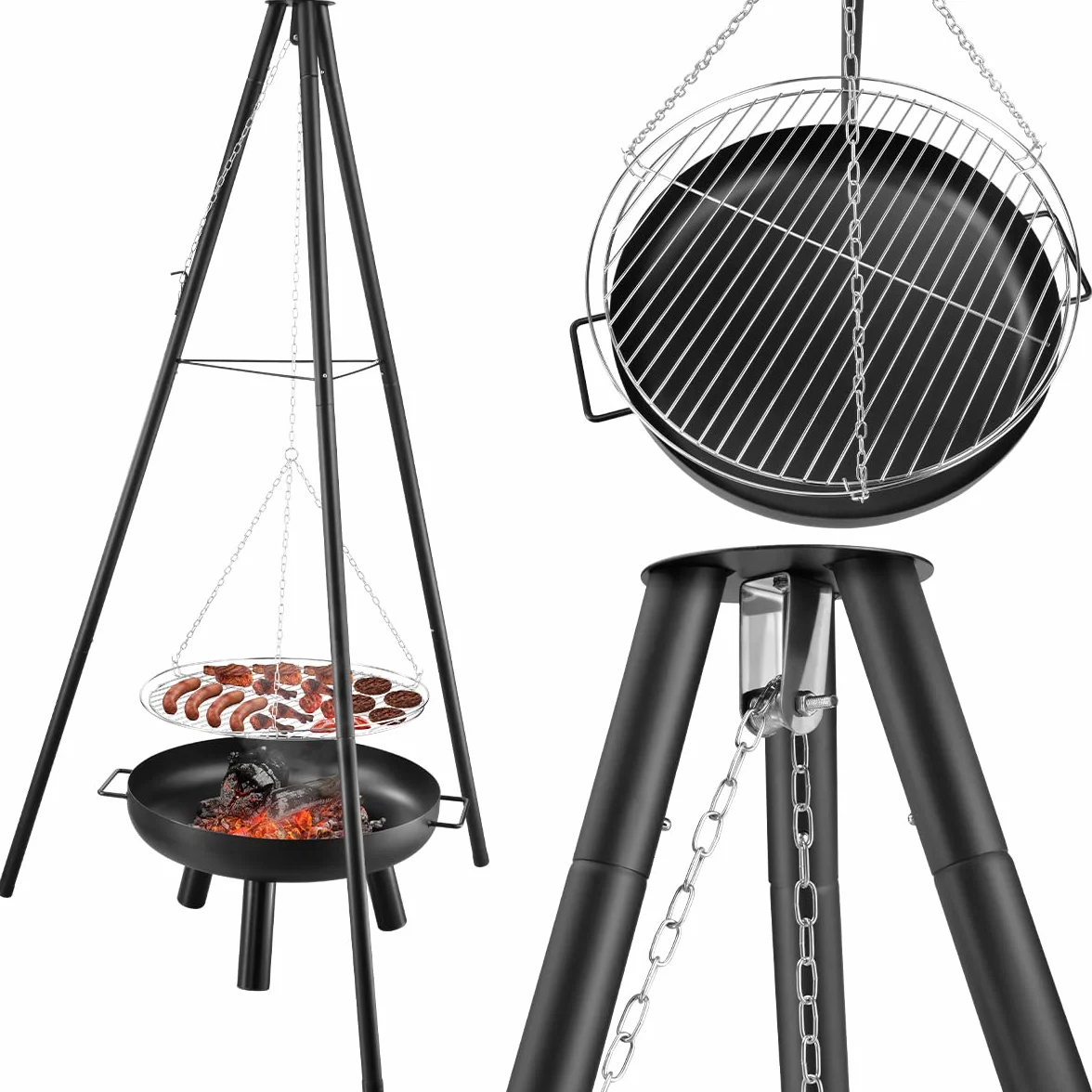 Gregman Roast 35, 3-w-1 grill, palenisko i miejsce do gotowania, grill na trójnogu z regulowanym w wysokości rusztem, gruba stalowa taśma ognioodporna, składana i mobilna, do ogrodu, tarasu, kempingu