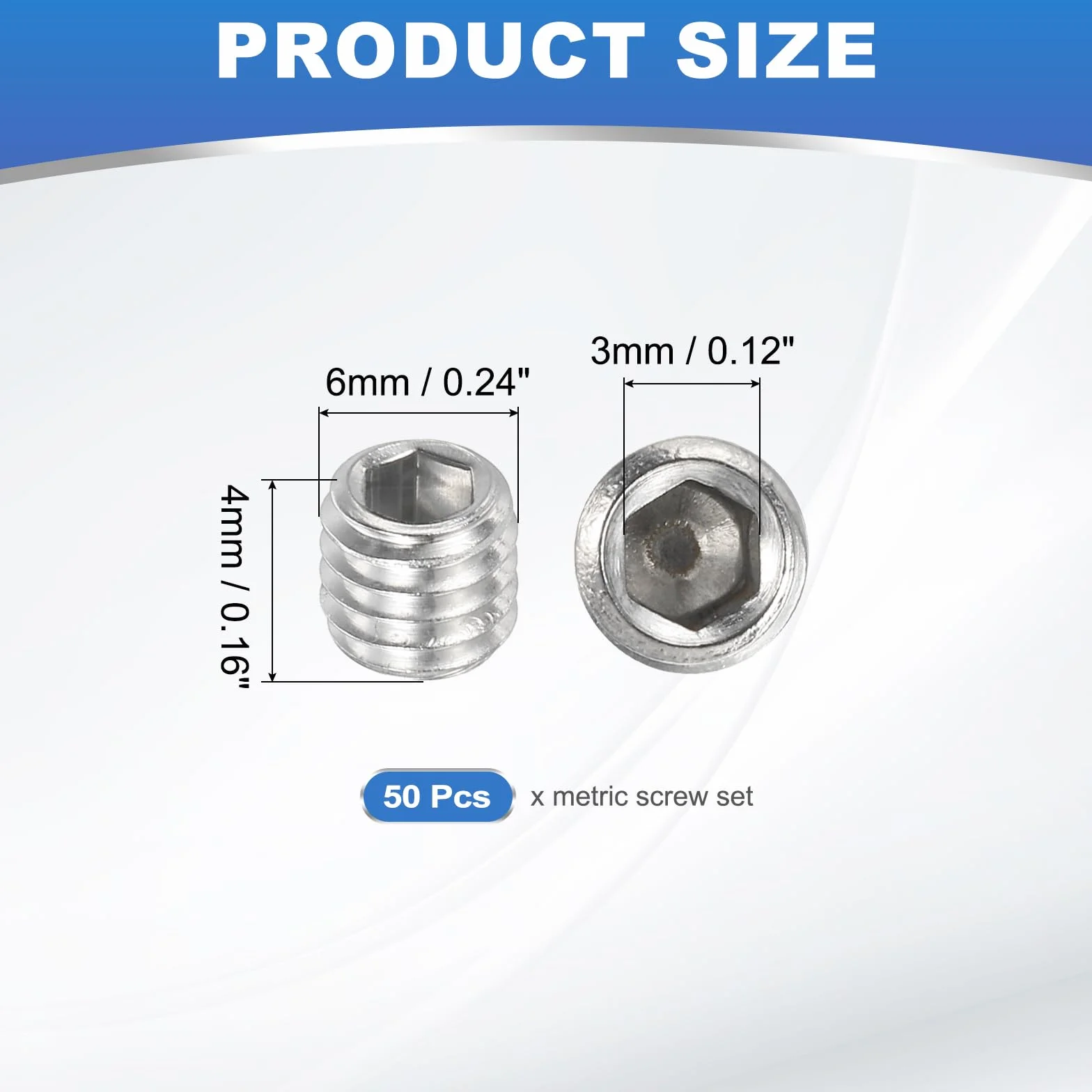 PATIKIL 50 sztuk wkręt bez łba M6 x 4mm, zestaw śrub bez łba z 304 stali nierdzewnej do klamek drzwi, uchwytów mebli, lamp, baterii, srebrny śrubokręt z łbem sześciokątnym wewnętrznym