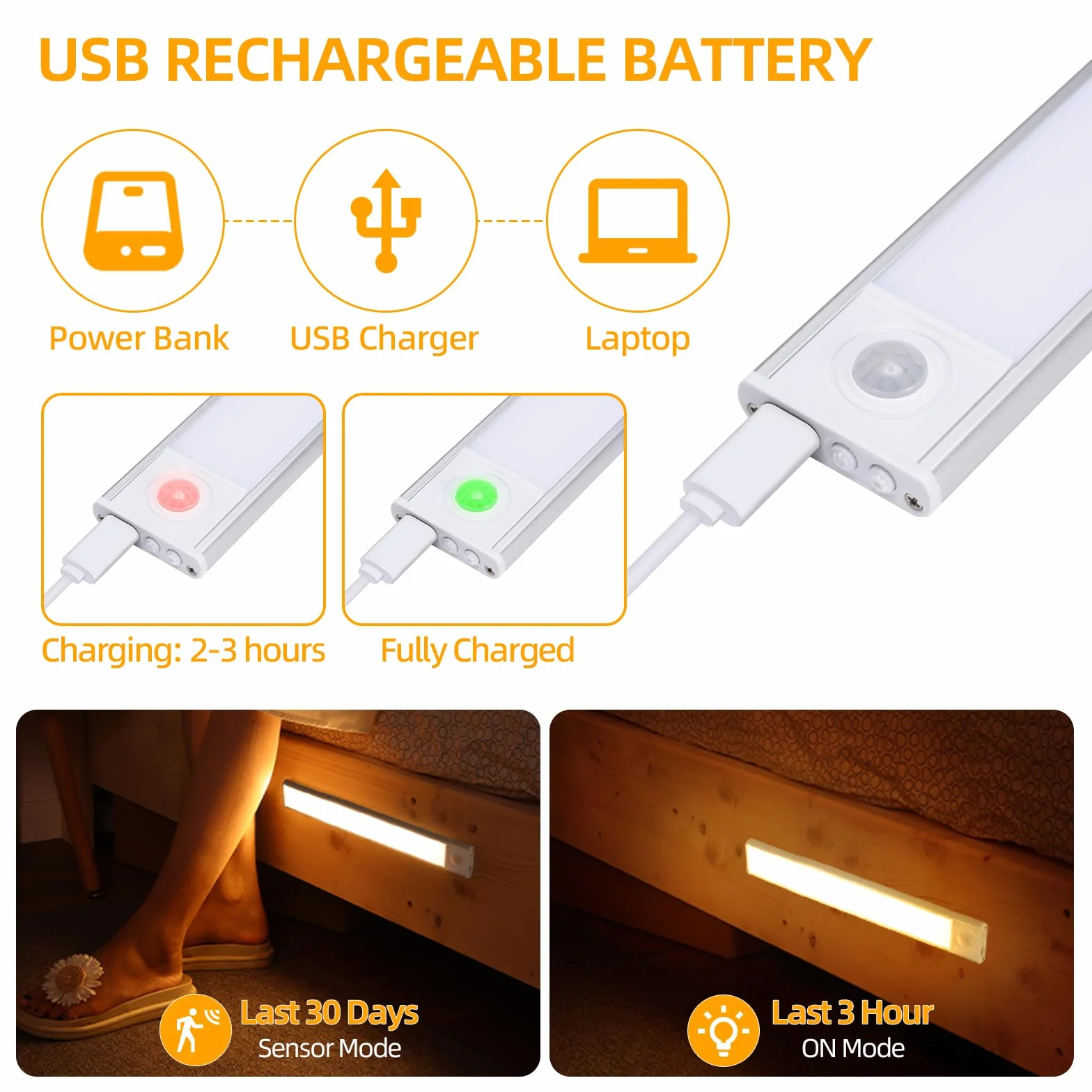 Lampa podszafkowa LED 20 cm, 2 sztuki, oświetlenie szafki dolnej, bezprzewodowa, ładowana listwa oświetleniowa USB, oświetlenie szafki do kuchni, srebrna