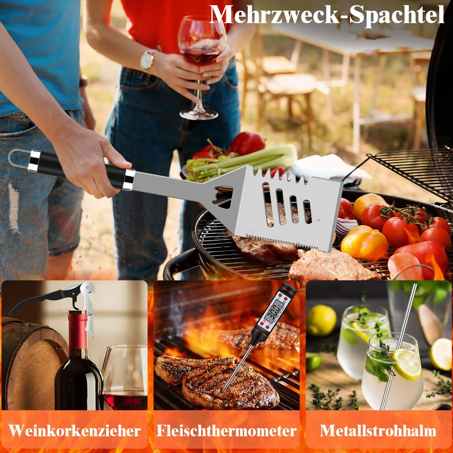 Grilliance Zestaw sztućców do grilla, 38 sztuk, stal nierdzewna, akcesoria do grilla dla mężczyzn, prezent urodzinowy, wysokiej jakości zestaw akcesoriów do grilla, walizka z walizką na grilla i matą do grillowania, do ogrodu i na kemping, kolor brązowy