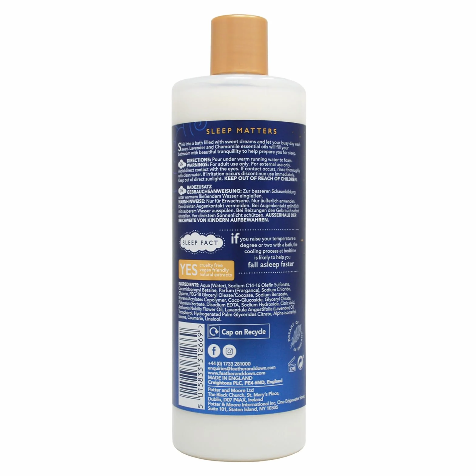 Feather & Down Esencja kąpielowa Sweet Dream (500 ml) – z uspokajającymi olejkami eterycznymi z lawendy i rumianku. Przyczynia się do przygotowania do spokojnego odpoczynku w nocy.
