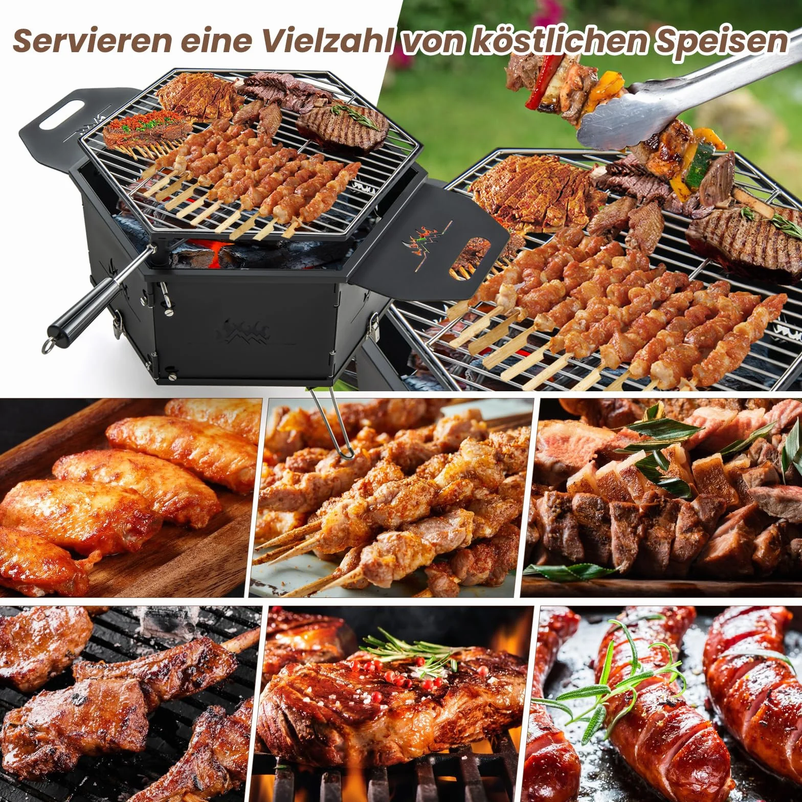 COSTWAY Duży grill na węgiel drzewny, obracany 360°, palenisko 2 w 1, składany, kempingowy, 77x74x38 cm