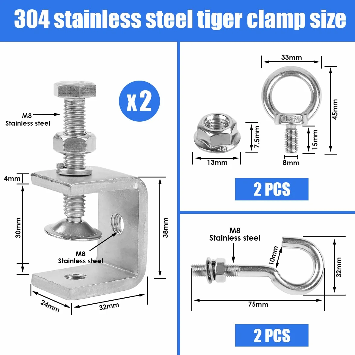 Zaciski C 2 sztuk ze stali nierdzewnej, zestaw zacisków C, zaciski szczękowe, 30 mm, metalowe zaciski śrubowe z hakami ze stali nierdzewnej i śrubami pierścieniowymi do prac drewnianych, spawania i