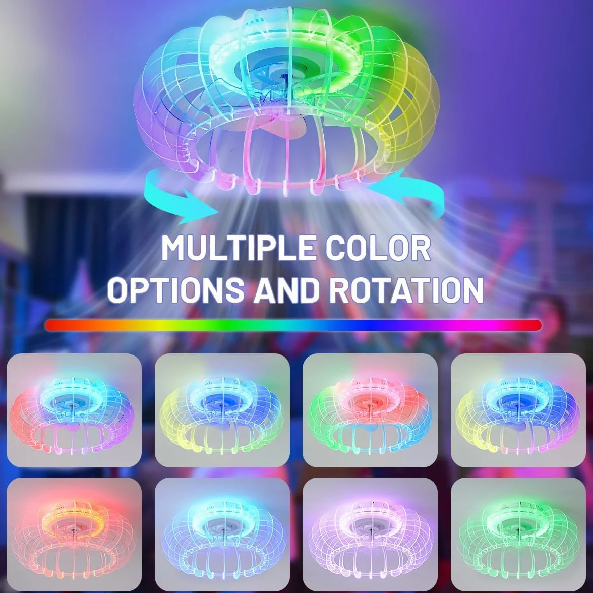 Cichy wentylator sufitowy RGB z oświetleniem LED, lampa sufitowa z wentylatorem i pilotem zdalnego sterowania, ściemniana, lampa do pokoju dziecięcego z głośnikiem Bluetooth, muzyka, lampa sufitowa