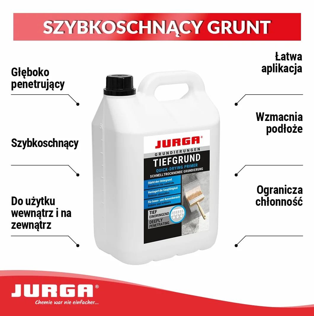 JURGA Tiefgrund Primer Plus 5l (≈50m²) Głęboko Penetrujący Grunt do Ścian i Podłóg, do Wnętrz i na Zewnątrz, 5L, Szybkoschnący