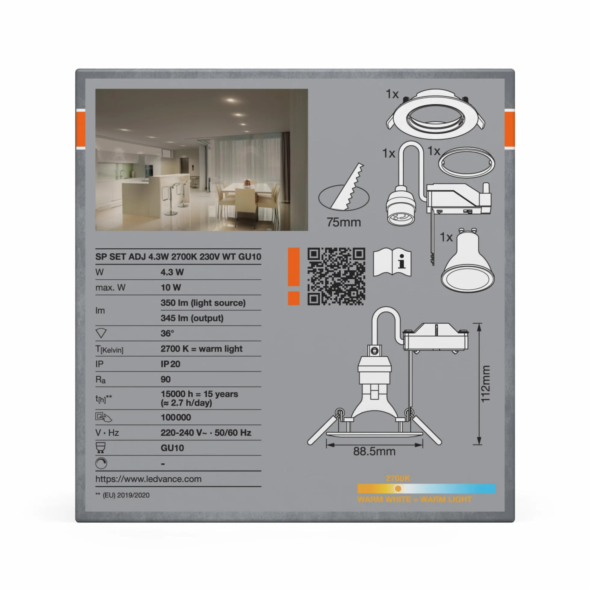OSRAM Zestaw oświetlenia wpuszczanego do sufitu z diodą LED GU10 i systemem twistlock, oświetlenie wpuszczane w kolorze białym, stopień ochrony IP20 do zastosowań wewnętrznych, w zestawie kompletne