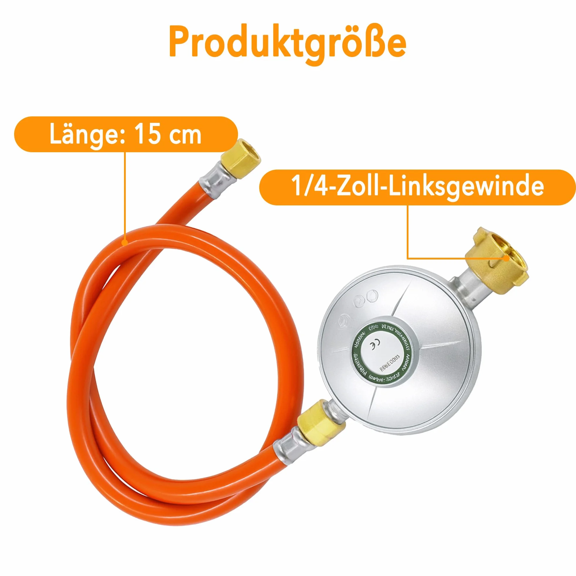 Wąż gazowy z reduktorem ciśnienia 50 mbar, zestaw 150 cm, stop aluminium i miedź, regulator z przyłączem 1/4" lewy do grilla