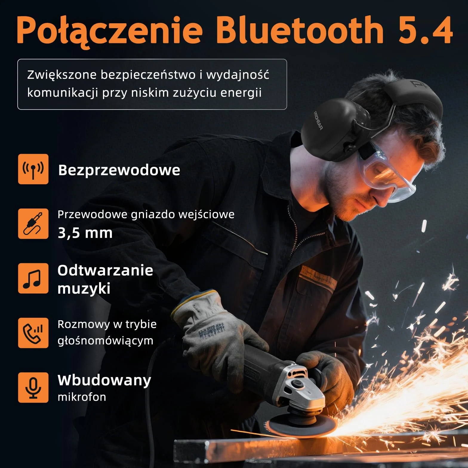 (Wersja uaktualniona) PROHEAR 037 Zestaw słuchawkowy Bluetooth 5.0 do ochrony słuchu z wbudowanym mikrofonem i funkcją redukcji szumów, odpowiedni do pracy i rozrywki, SNR 30dB-czarny