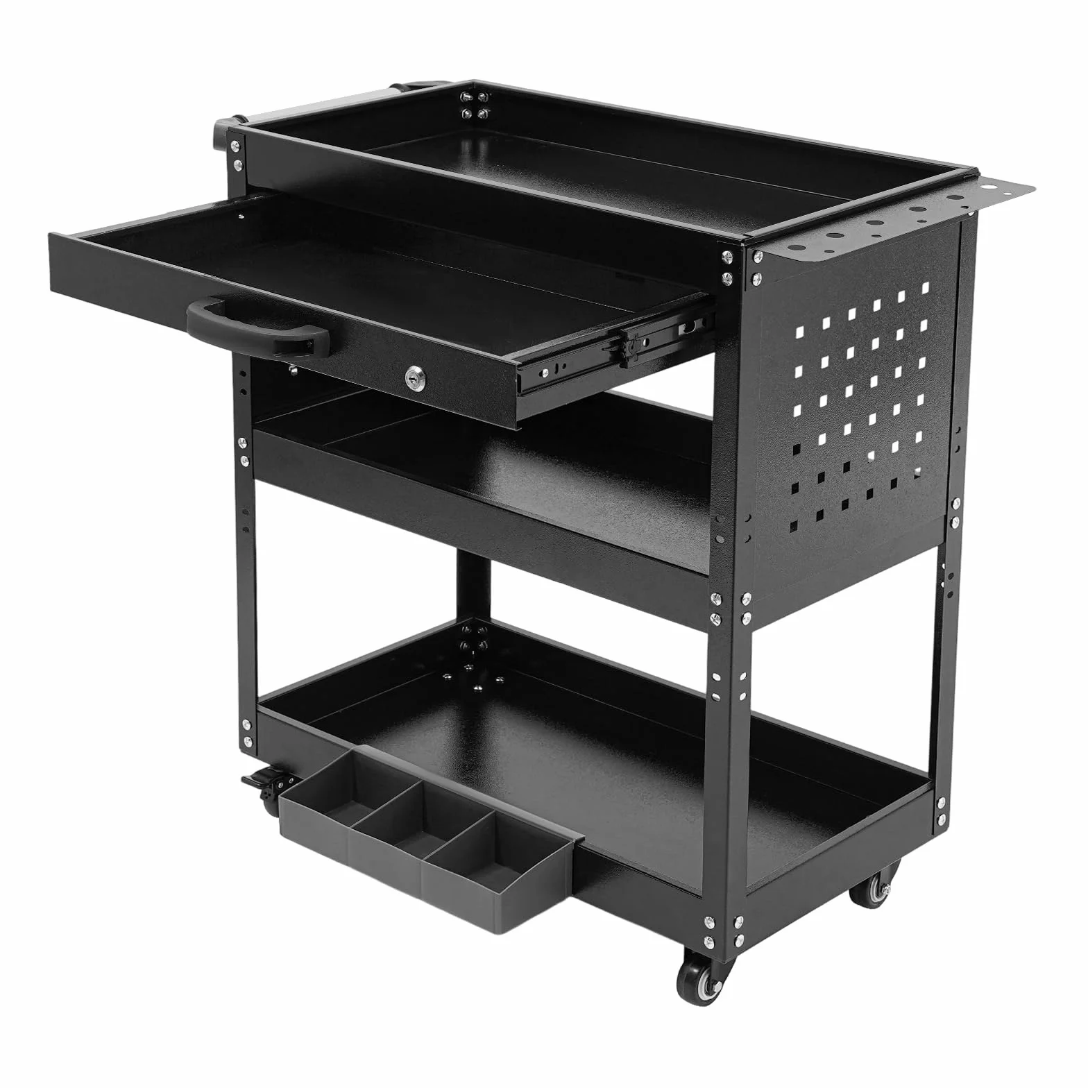 Wózek warsztatowy, 3 poziomy, wózek narzędziowy z kółkami, szufladami i 10 haczykami, nośność 250 kg, wózek warsztatowy z zamkiem, 77,6 x 81 x 35,66 cm (czarny)