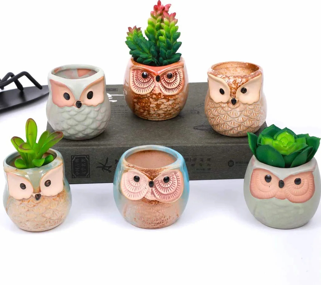 Ceramiczne doniczki z sową 6 szt. na kwiaty kaktus bonsai z otworem