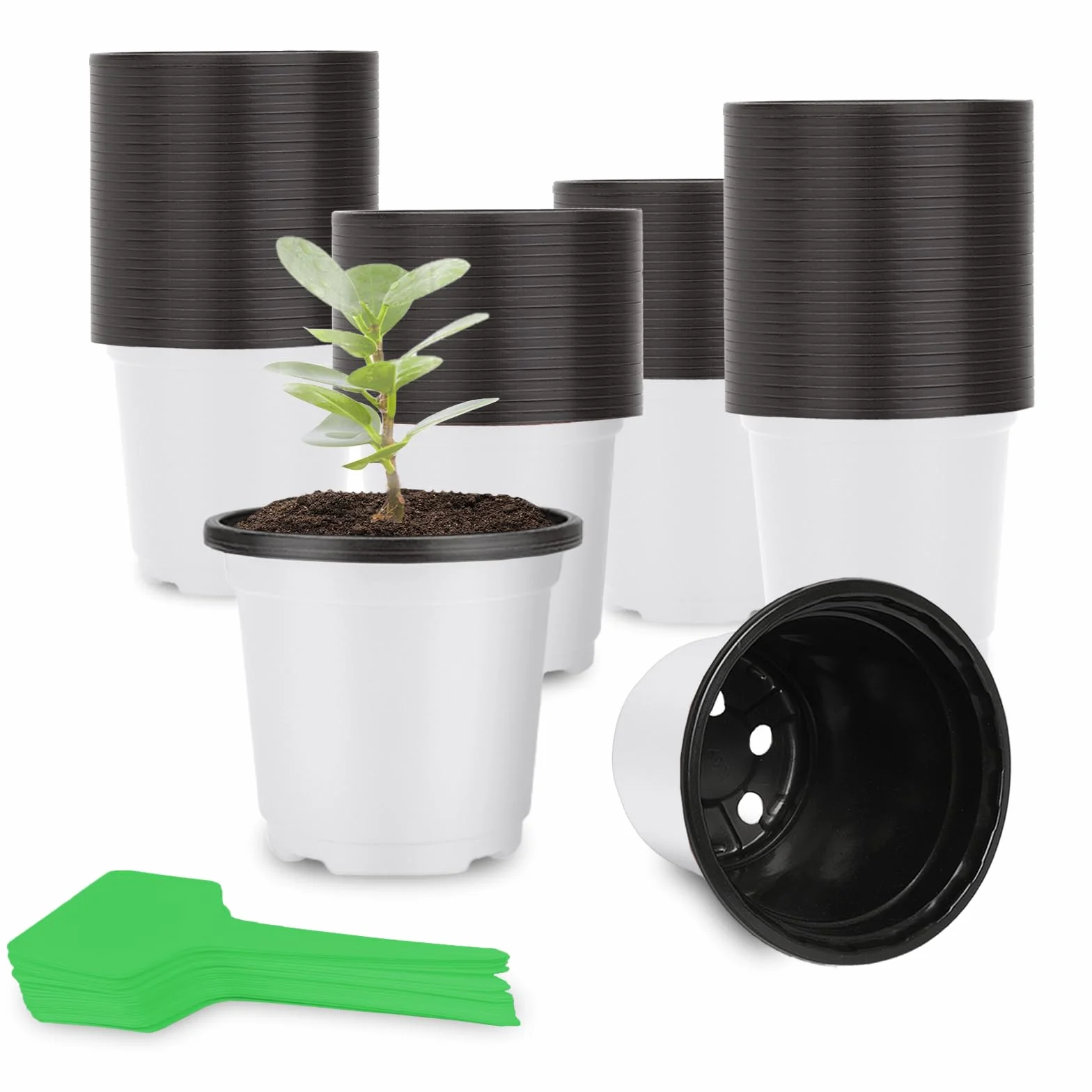 100 doniczek do uprawy roślin, 12 cm, z tworzywa sztucznego, okrągłe, plastikowe, do użytku wewnątrz i na zewnątrz, białe doniczki do sadzenia, 100 sztuk, 100 sztuk
