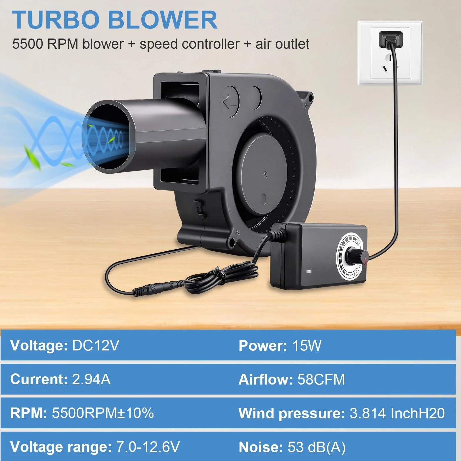 Colexy Dmuchawa, wentylator 12 V, turbina z regulatorem prędkości obrotowej i wylotem powietrza, wentylator promieniowy 12 V, regulowany wentylator turbinowy do pieca kominkowego, na piknik, kemping